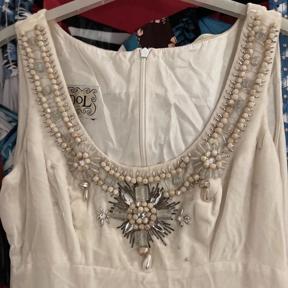 Vintage IDOL Long Ivory Velvet Dress with Beautiful Beaded Neckline